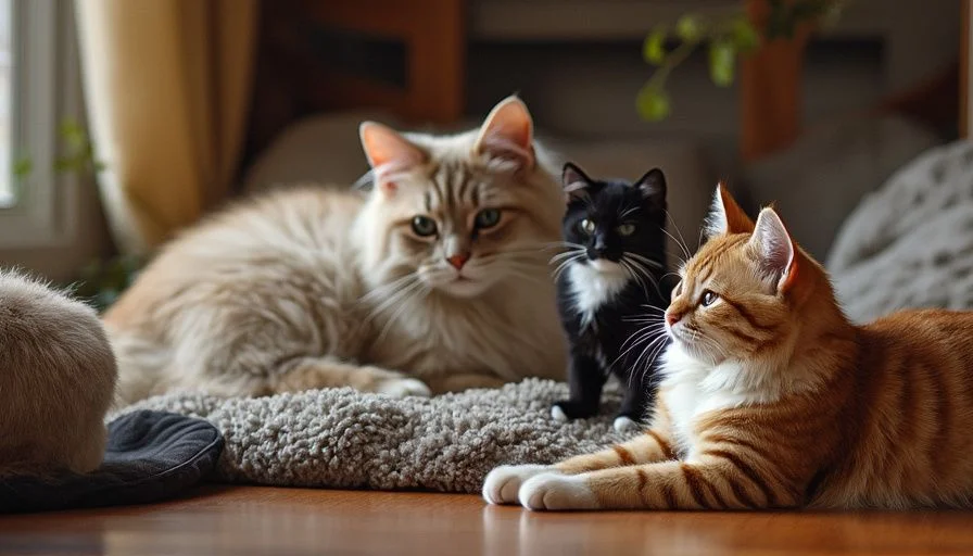 Tres gatos de diferentes razas descansan juntos en una alfombra suave en un ambiente acogedor