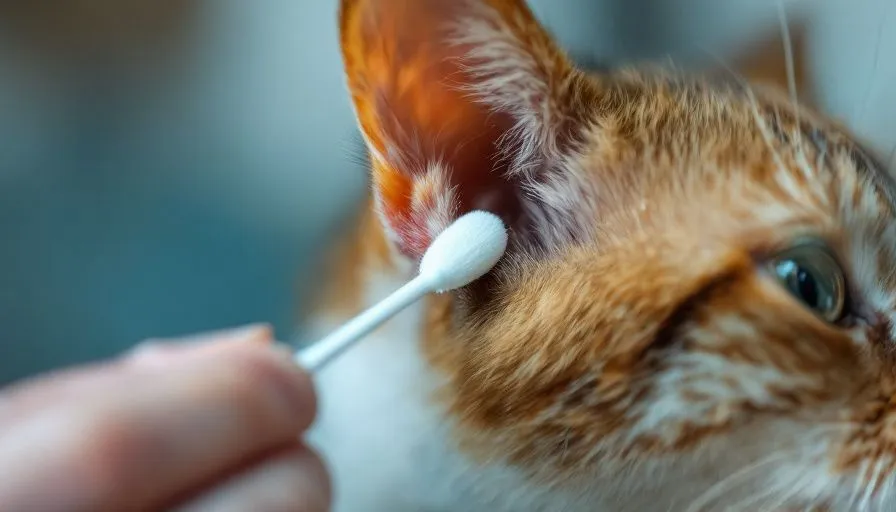 Primer plano de una persona limpiando suavemente la oreja de un gato con un hisopo de algodón