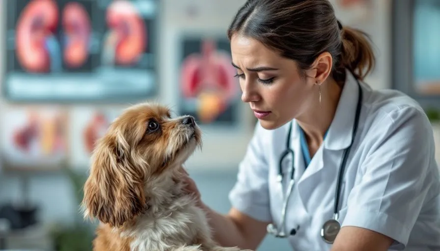 Enfermedad de cálculos urinarios en perros 5 Veterinario examina un perro pequeño con preocupación en una consulta médica, con diagramas del sistema urinario y cálculos en el fondo