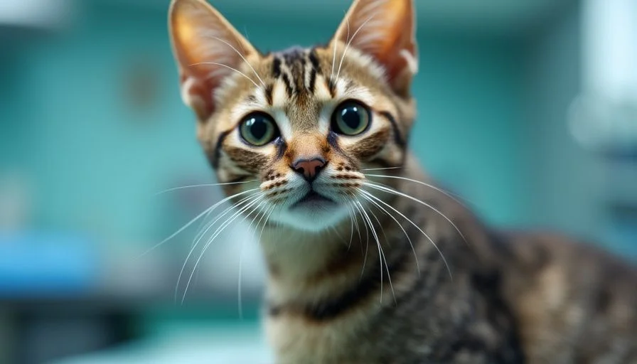Enfermedad renal poliquística en gatos 1 Gato con un fondo de clínica veterinaria, mostrando una expresión curiosa