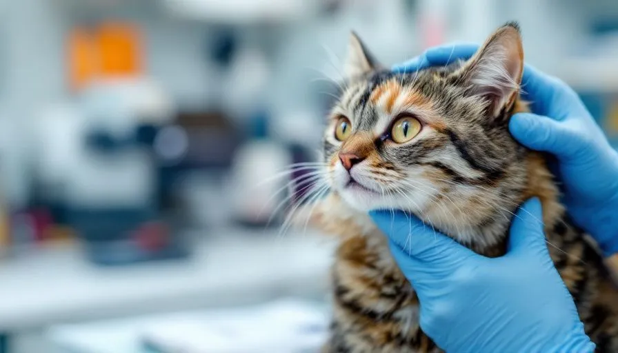 Enfermedades oculares en gatos 2 Veterinario examinando los ojos de un gato que muestra signos leves de irritación ocular