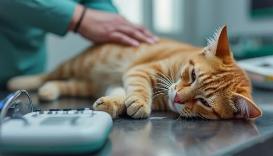 Enteritis en gatos 1 Gato doméstico enfermo acostado en la mesa de examen veterinario con síntomas de enteritis