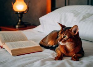 Gato abisinio 5 Gato abisinio descansando en la cama junto a un libro abierto.