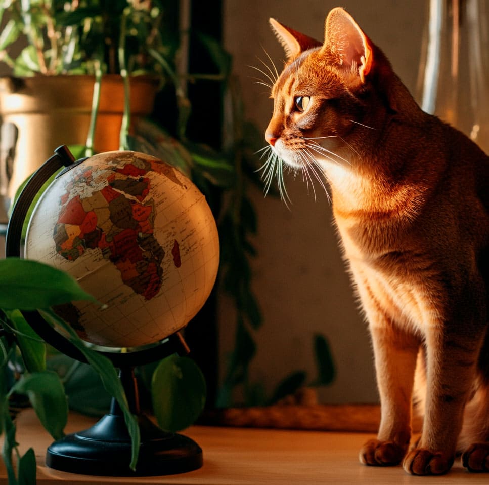 Gato abisinio 3 Gato abisinio mirando un globo terráqueo.