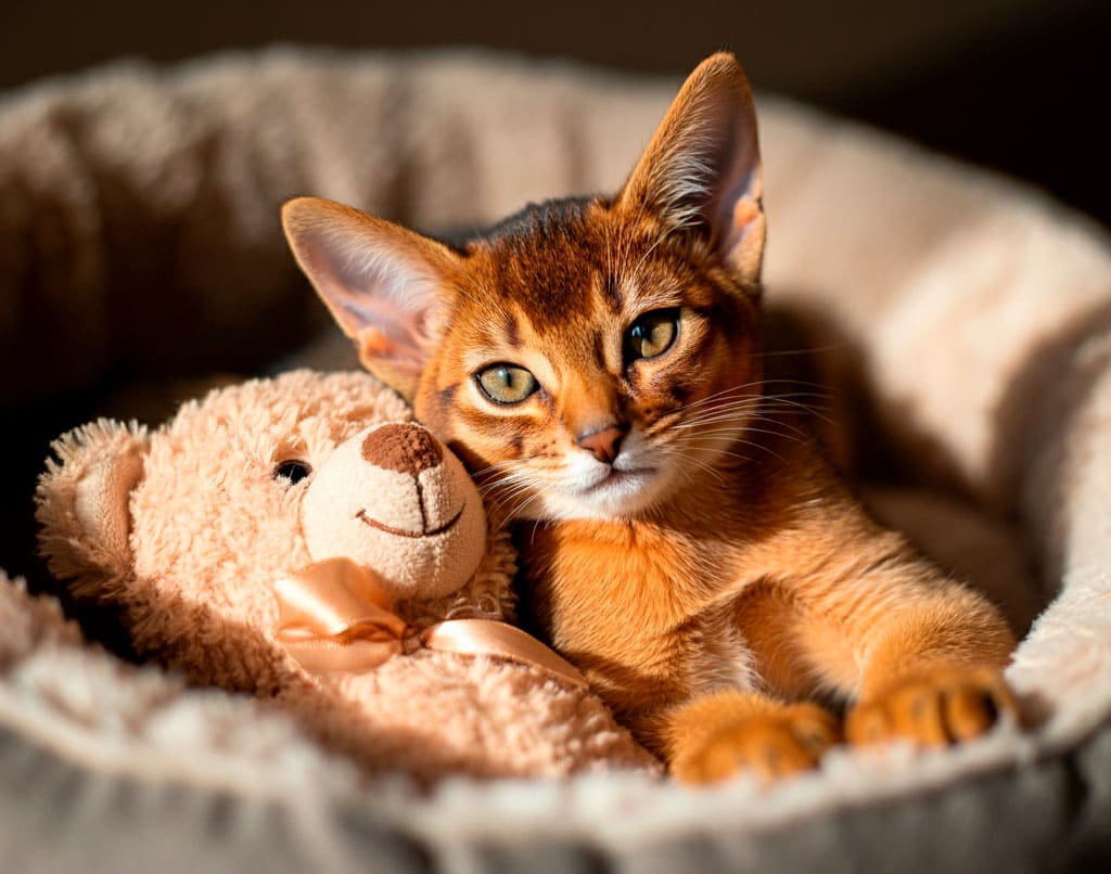 Gato abisinio 9 Gato abisinio acurrucado con un osito de peluche.