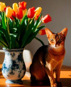 Gato abisinio 2 Gato abisinio junto a un jarrón de tulipanes.