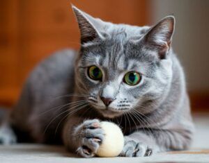 Gato azul ruso 9 Gato azul ruso jugando con una pelota