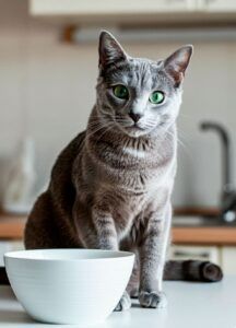 Gato azul ruso 8 Gato azul ruso en la cocina frente a un bol