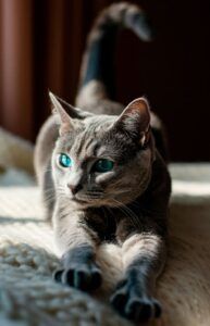 Gato azul ruso 5 Gato azul ruso estirándose sobre una manta