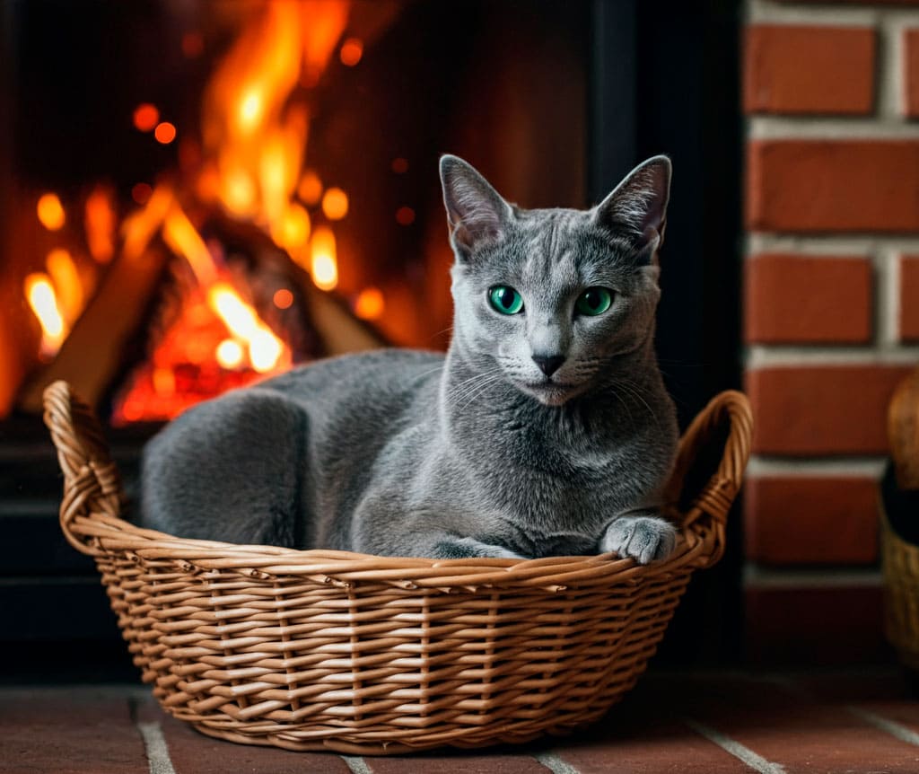 Gato azul ruso 3 Gato azul ruso junto a la chimenea