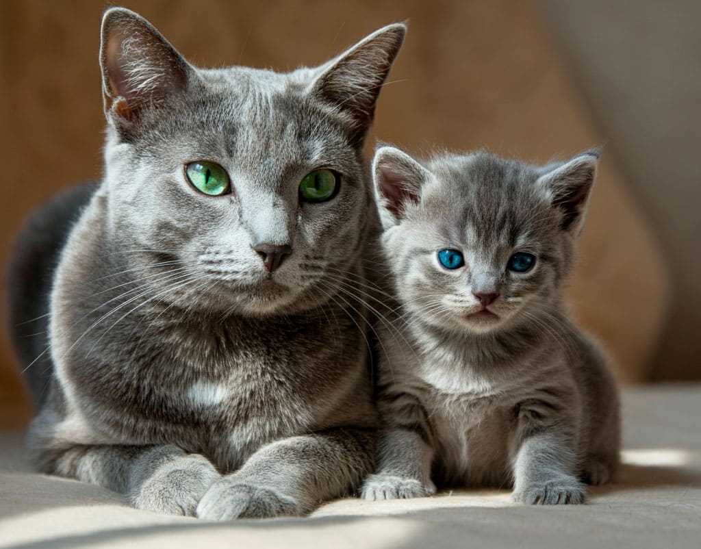 Gato azul ruso 10 Gato azul ruso junto a su gatito