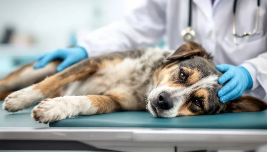Accidente cerebrovascular en perros 4 Un perro acostado en una mesa veterinaria, siendo examinado por un veterinario preocupado, mostrando signos de debilidad y desequilibrio