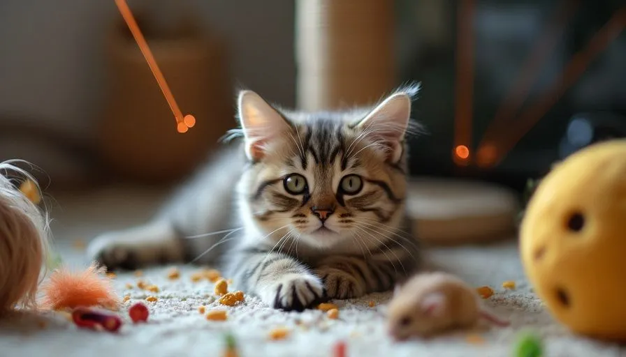 Gato jugando con varios tipos de juguetes