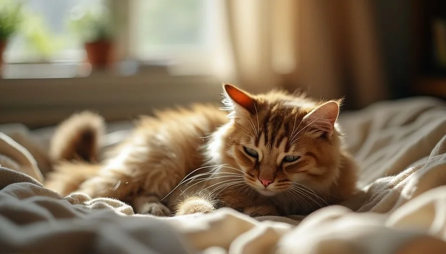 Moquillo en gatos 3 Gato enfermo acostado en una cama suave, mostrando signos de debilidad y fatiga, con pelaje desordenado