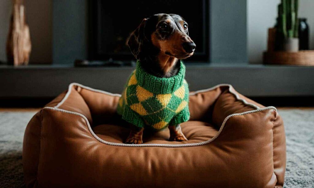 Perro salchicha 8 Perro salchicha en su cama, vestido con un abrigo verde y amarillo.