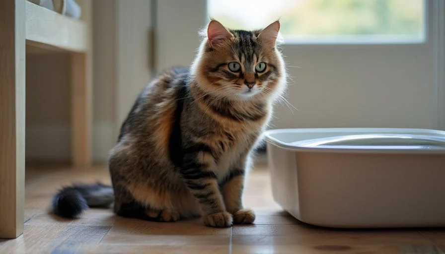 Gato sentado cerca de una caja de arena limpia en una habitación tranquila y bien iluminada