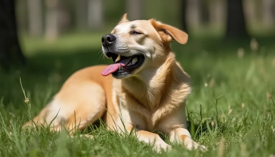 ¿Por qué un perro respira con frecuencia? 4 Perro jadeando con la boca abierta acostado en la hierba, mostrando signos de respiración rápida en un día caluroso