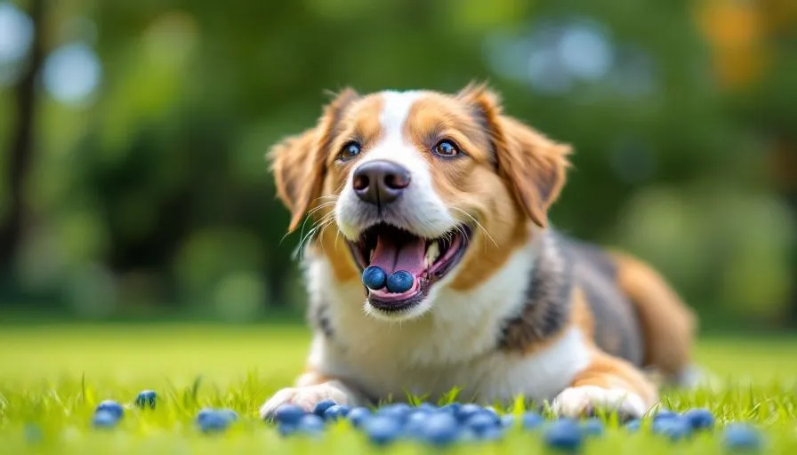 Un perro feliz comiendo arándanos frescos en un jardín verde