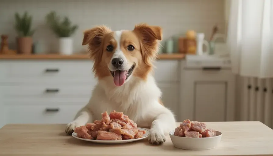 ¿Pueden los perros comer carne de cerdo? 3 Un perro feliz sentado frente a platos de carne de cerdo cocida en una cocina acogedora