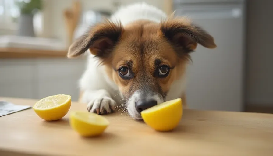 ¿Pueden los perros comer limones? 2 Un perro curioso olfatea un limón partido en la mesa de la cocina