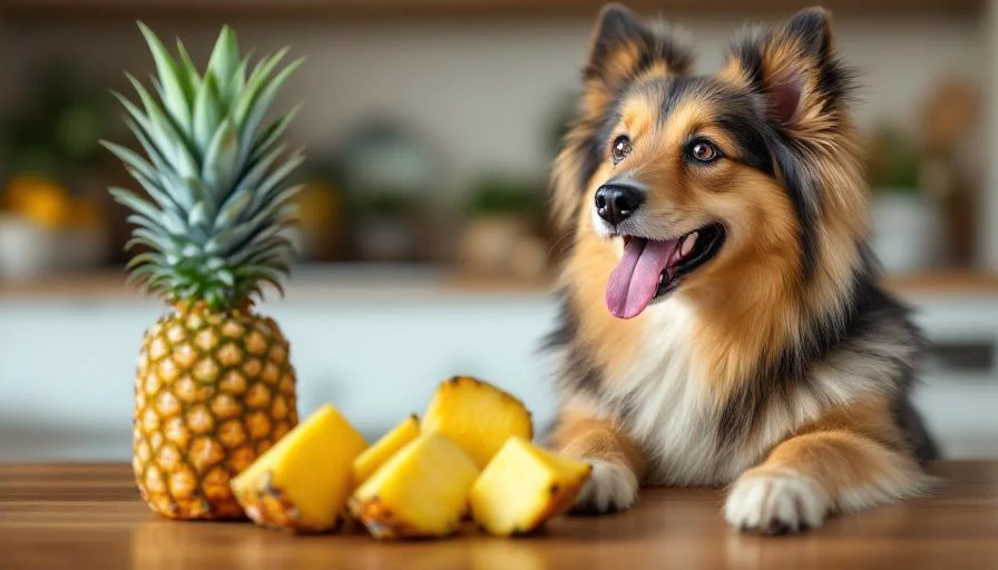 Perro sentado junto a una piña cortada en trozos en una mesa