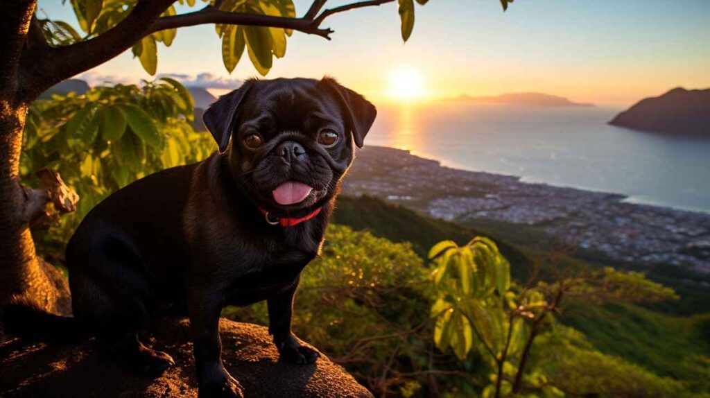 Pug negro en una montaña durante el atardecer.