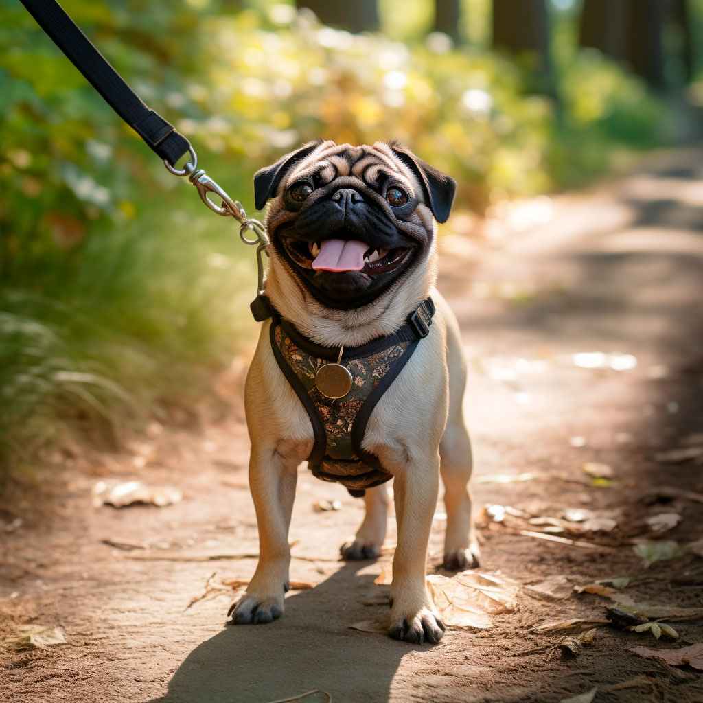 Pug claro en correa, sonriendo en un sendero.