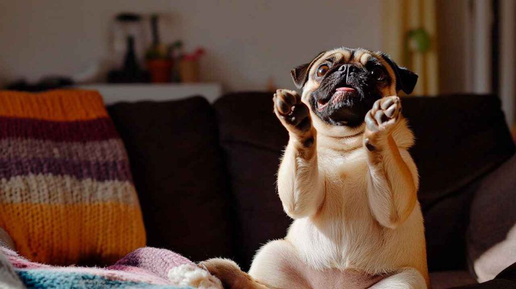 Pug alegre con patas levantadas sobre el sofá.