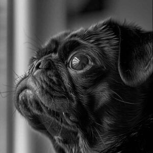 Primer plano en blanco y negro de un pug mirando hacia la ventana.