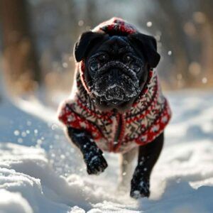 Pug corriendo en la nieve con un abrigo de invierno.
