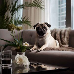 Pug claro recostado en un sofá de diseño moderno.