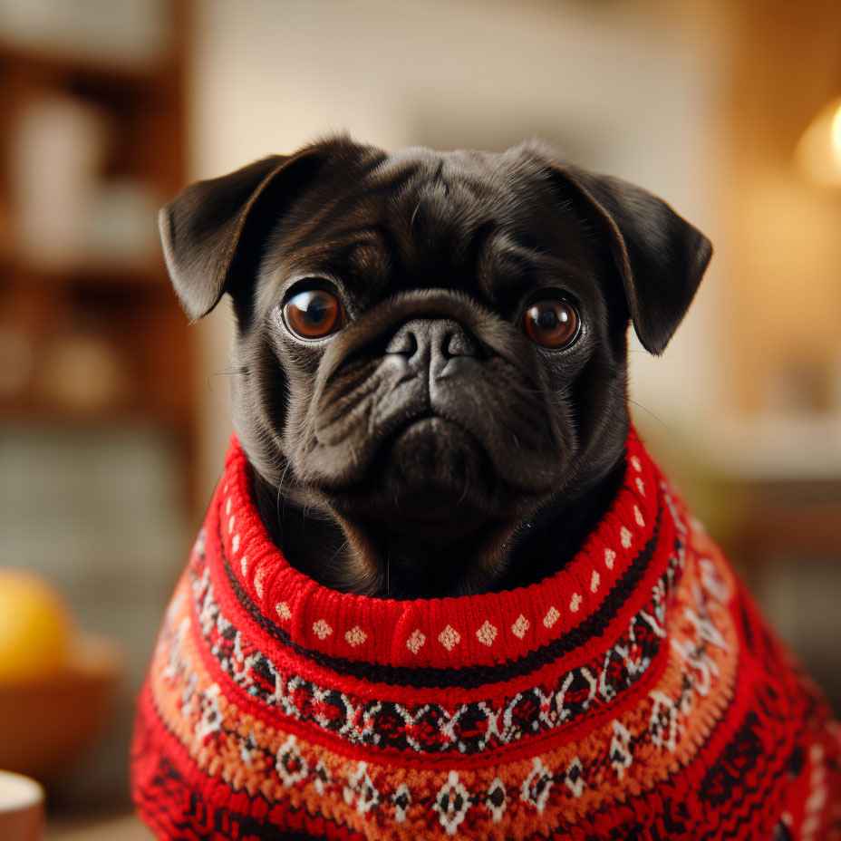 Pug negro con suéter rojo y diseño navideño.
