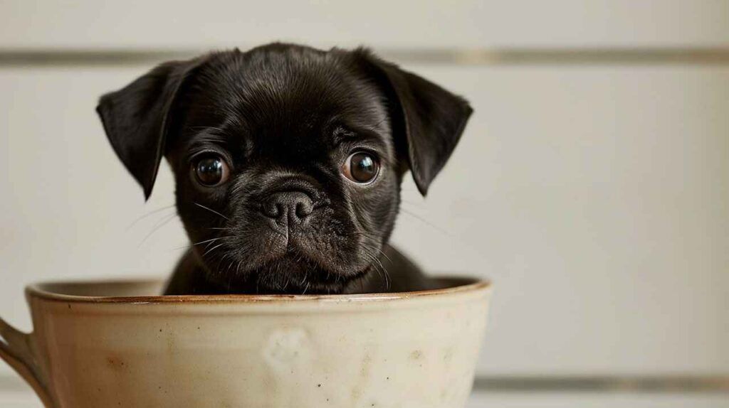 Cachorro de pug negro dentro de una taza.
