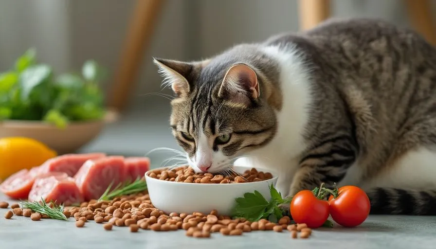 Gato esterilizado comiendo de un cuenco lleno de comida natural y equilibrada con verduras y carne magra alrededor