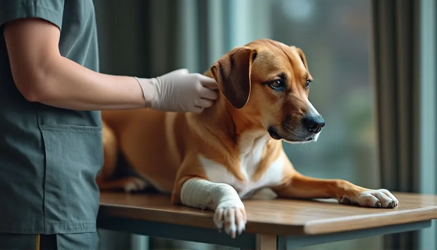 ¿Qué hacer si el perro se lesiona? 1 Veterinario atendiendo a un perro herido con una pata vendada, tumbado tranquilamente en una mesa de la clínica