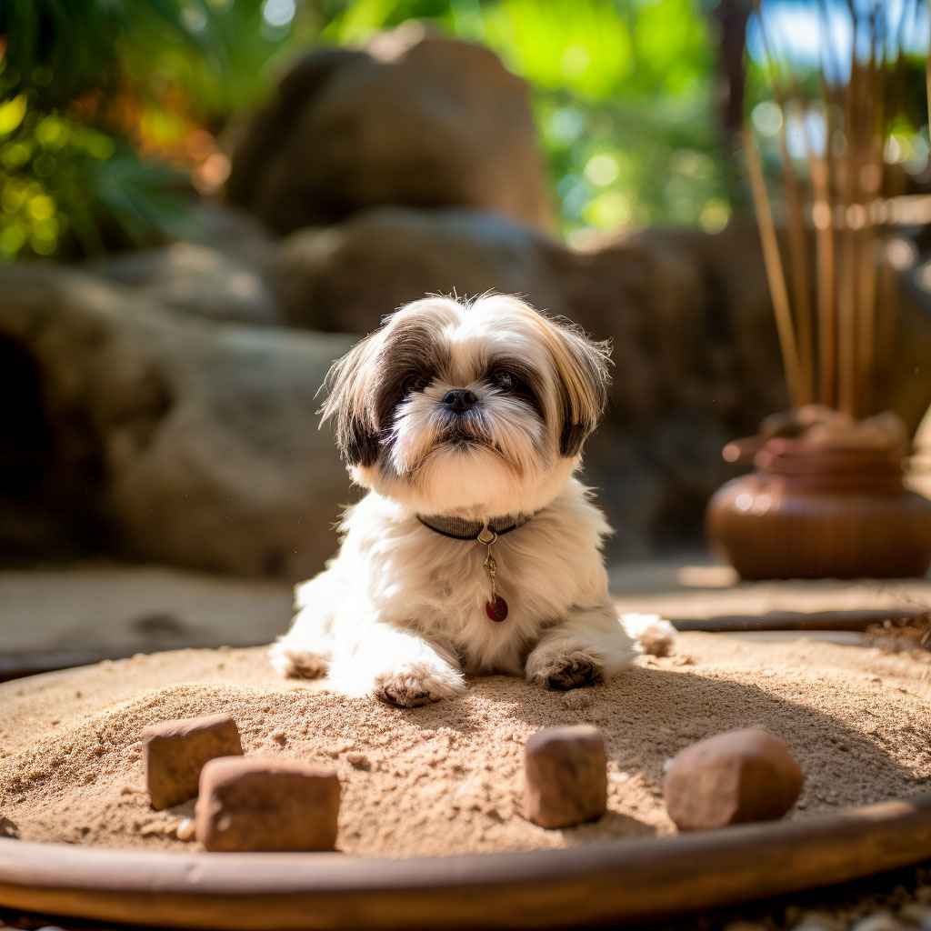 Shih tzu 6 Shih Tzu relajado sobre la arena en un entorno natural.