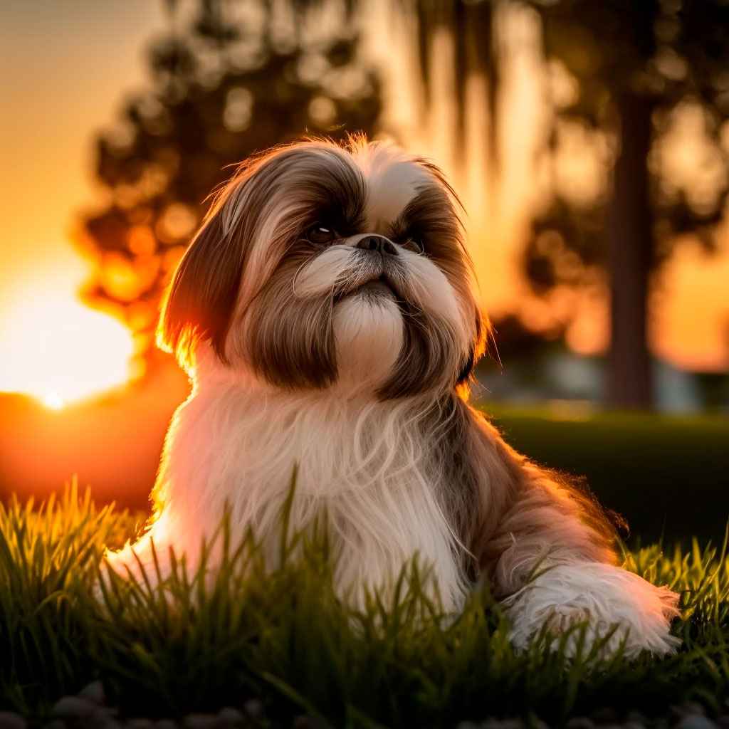 Shih tzu 3 Shih Tzu en el césped al atardecer con luz cálida.