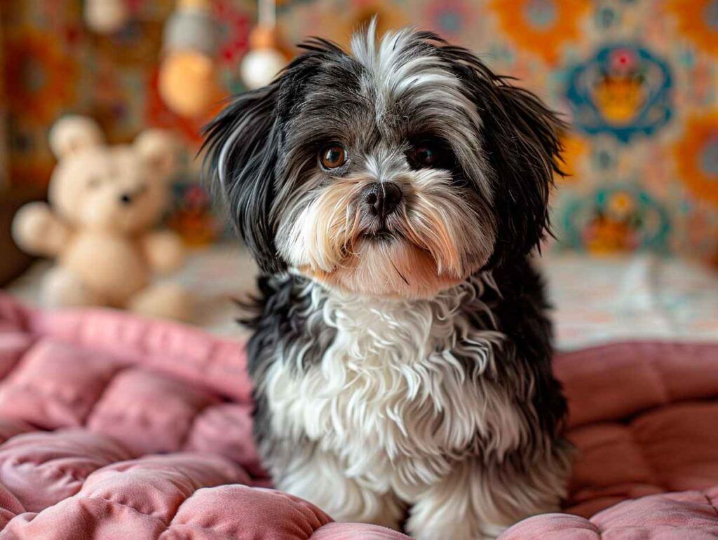 Shih tzu 5 Shih Tzu en una cama rosa con fondo decorado.