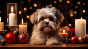 Shih tzu 10 Shih Tzu rodeado de decoraciones navideñas con velas y esferas.