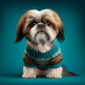 Shih tzu 4 Shih Tzu con un suéter de punto azul y marrón.