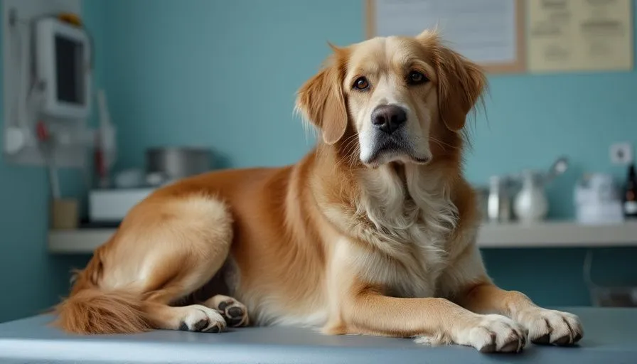 Perro mayor con pelaje adelgazado y abdomen caído en una mesa de examen veterinaria, relacionado con el diagnóstico del síndrome de Cushing