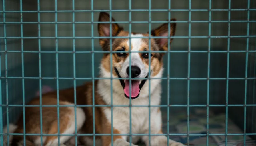 Perro sentado en una jaula, relacionado con la tos de las perreras