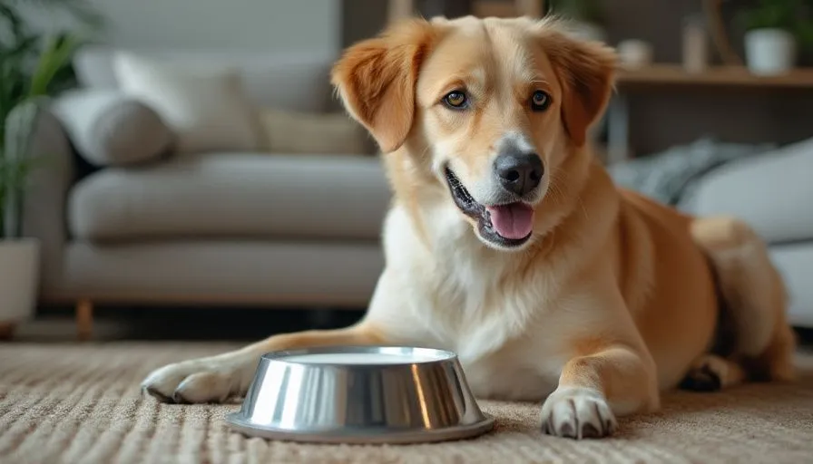 Perro adulto junto a un cuenco de leche