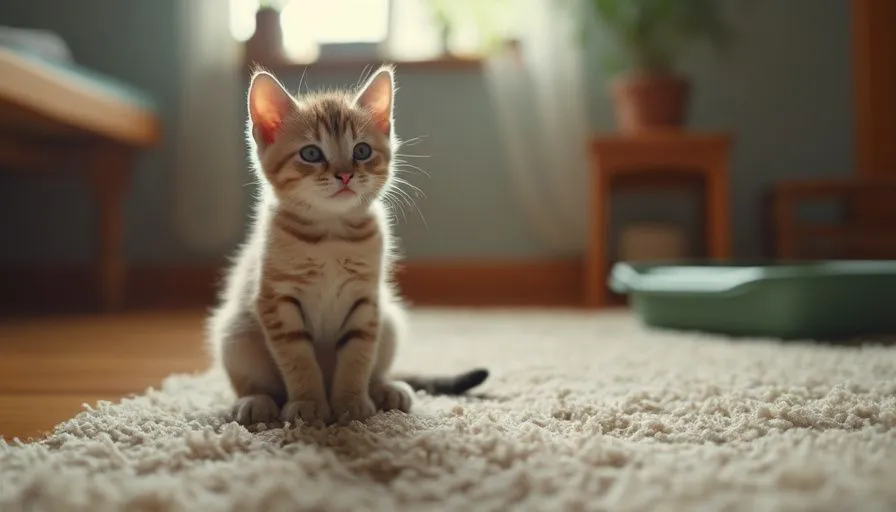¿Por qué el gatito no va al baño y cómo ayudarlo? 1 Un gatito pequeño sentado en una habitación acogedora cerca de una caja de arena, mirando preocupado
