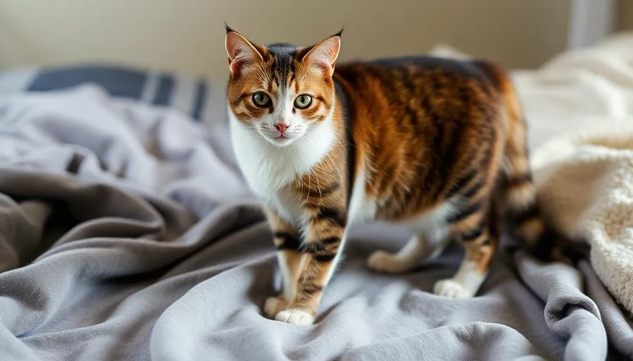 Gato amasando una manta suave con sus patas en un entorno hogareño, mostrando afecto y comodidad