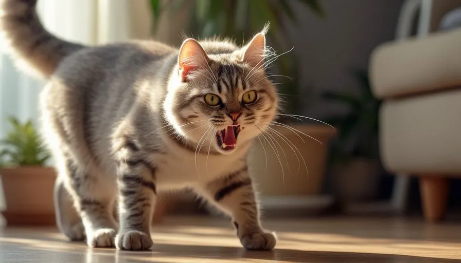 ¿Por qué los gatos silban? 1 Gato tenso con la espalda arqueada, pelaje erizado y orejas aplastadas, mientras sisea en un ambiente doméstico
