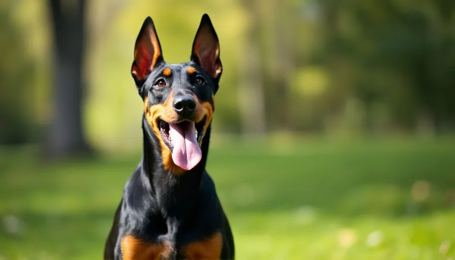Doberman alegre con la lengua afuera disfrutando de un día soleado en el parque