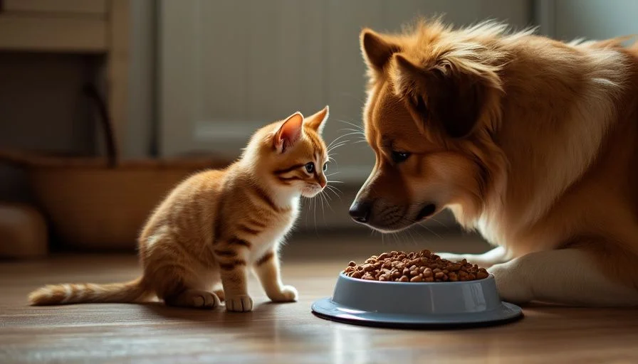 Gato curioso acercándose a un plato de comida para perros mientras un perro lo observa de cerca