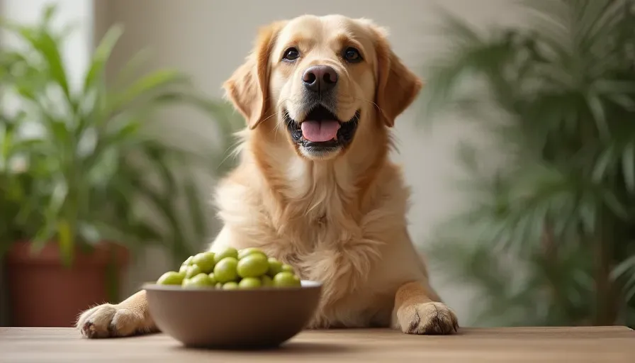 Perro sentado junto a un cuenco de aceitunas verdes en un entorno acogedor en casa