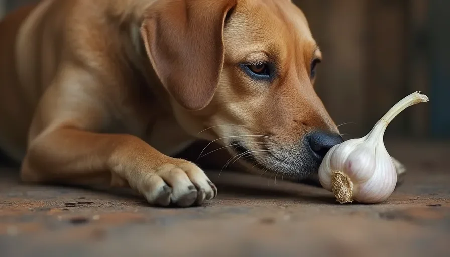 ¿Pueden los perros comer ajo? 1 Un perro olfateando un diente de ajo